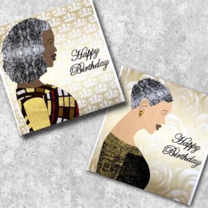 Older black woman any occasion card, grey hair, fabric dress,, personalised skin tone and hair