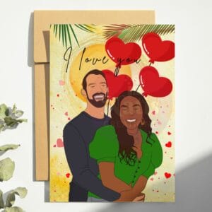 Interracial white man and black woman couple valentine card