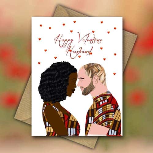 Valentine’s Day card, Interracial couple, WMBW, handmade with African fabric, personalised