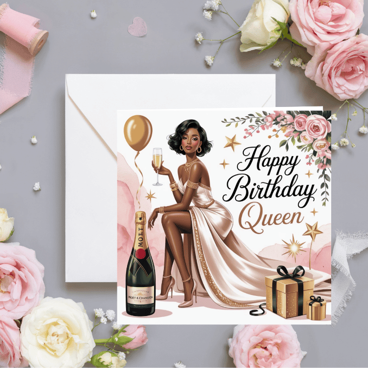 Elegant Black Queen Birthday Card | Afrocentric Art - Image 4