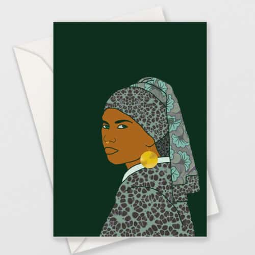 Greeting card with an illustration of a person wearing a gold earring and a patterned headscarf. Inspired by Vermeer's Girl with the Pearl Earring. The card has a dark green background and comes with a white envelope.