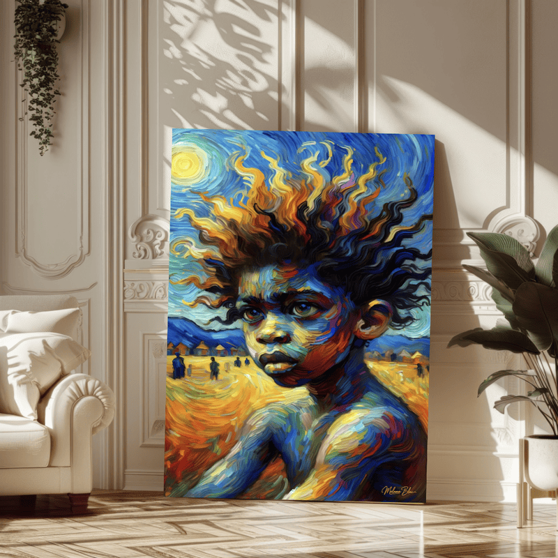 Van Gogh Style Black Child Canvas Print, Impressionist Cultural Wall Art