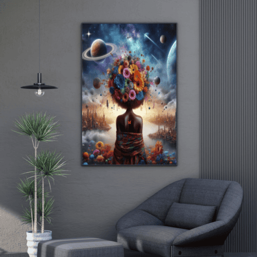 Black Woman Art Print: Tropical Flower Girl, Futuristic City