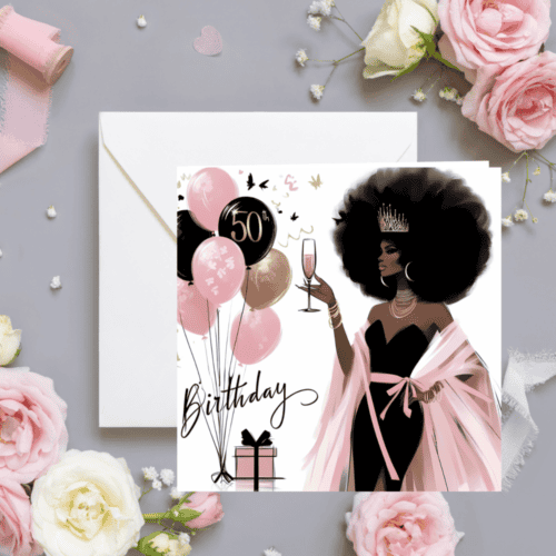 Elegant 50th Birthday Card for Her – African American Gift | Black Woman Birthday | Sassy Melanin Queen