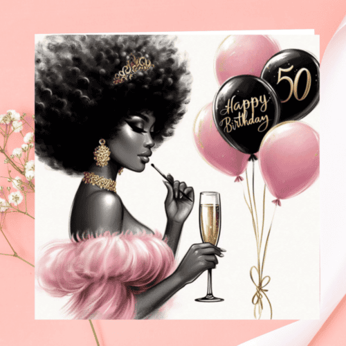 Elegant 50th Birthday Card for Her – African American Gift | Black Woman Birthday | Sassy Melanin Queen