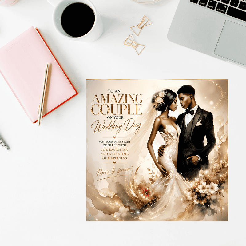 Black Couple Wedding Card: Bride & Groom Illustration, Luxury Newlywed Gift - Image 2