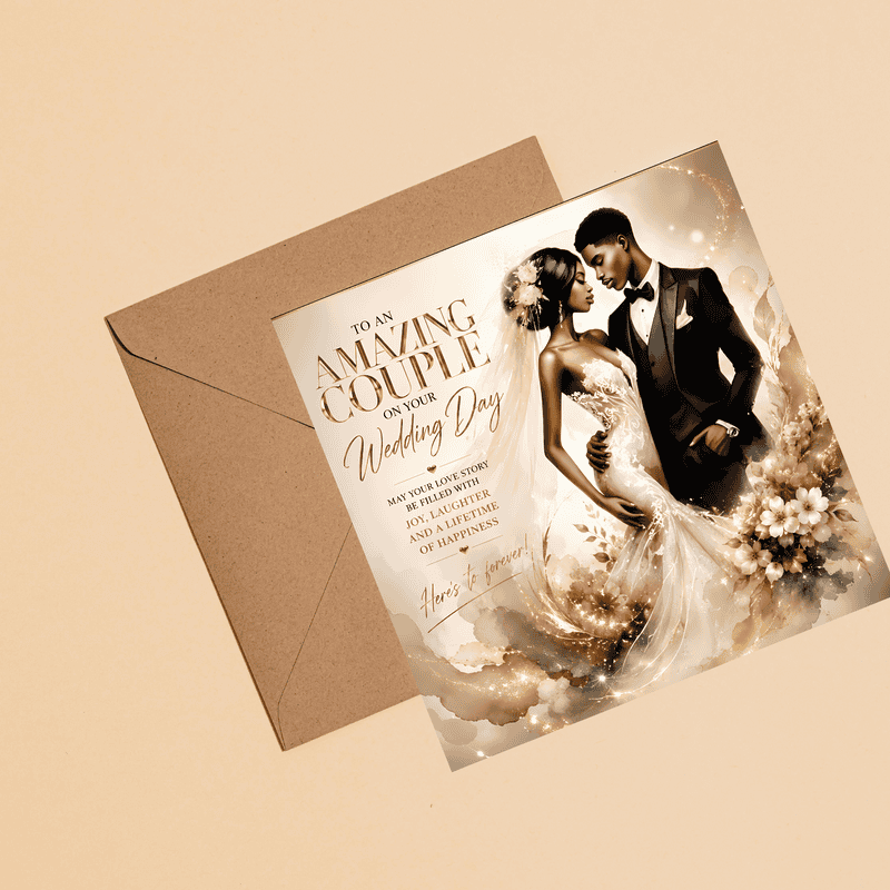 Black Couple Wedding Card: Bride & Groom Illustration, Luxury Newlywed Gift - Image 3