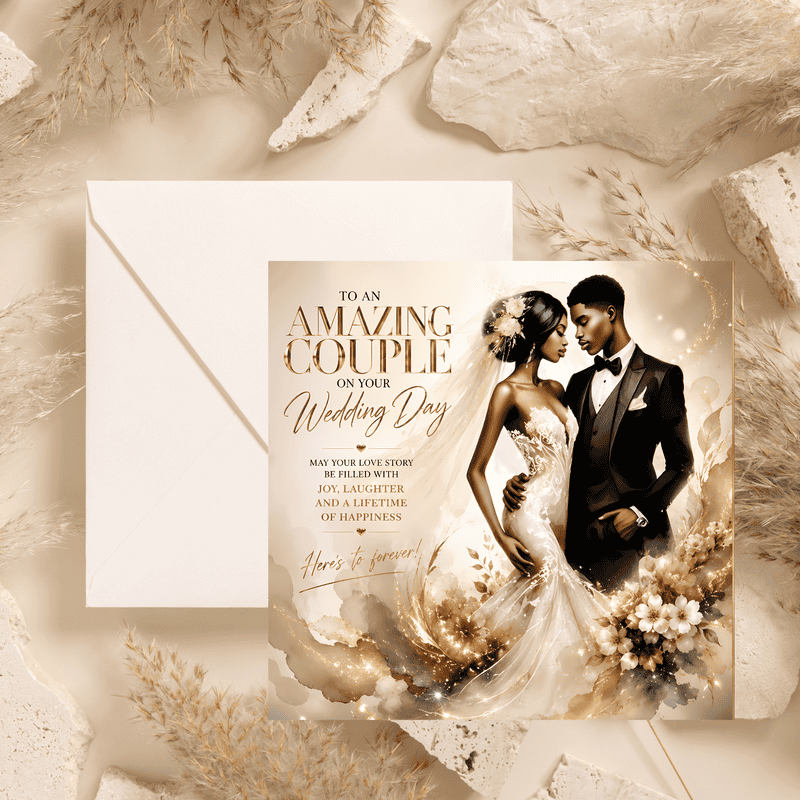 Black Couple Wedding Card: Bride & Groom Illustration, Luxury Newlywed Gift - Image 4