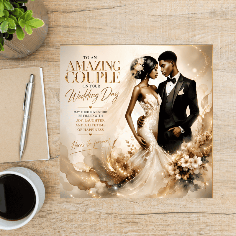 Black Couple Wedding Card: Bride & Groom Illustration, Luxury Newlywed Gift