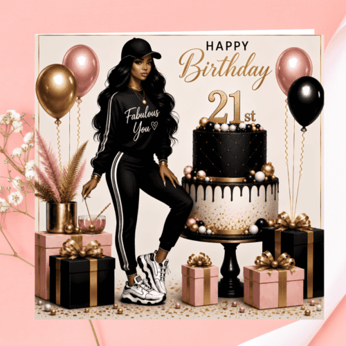 21st Birthday Card | Black Sports Queen Fashion Glam Greeting Card, Melana Blac Art