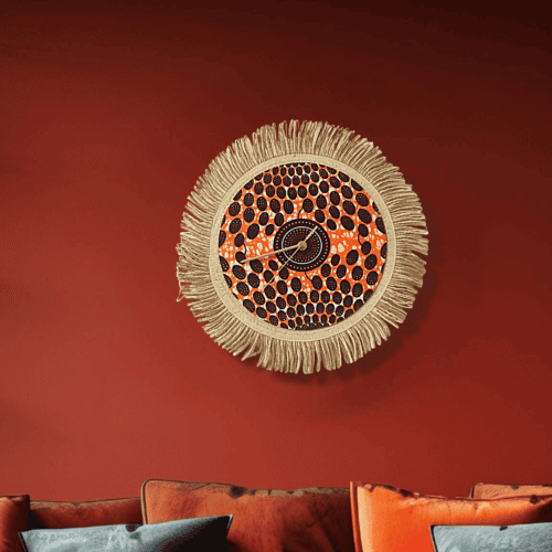 Ankara Large Fabric Clock - orange and brown with fringe
