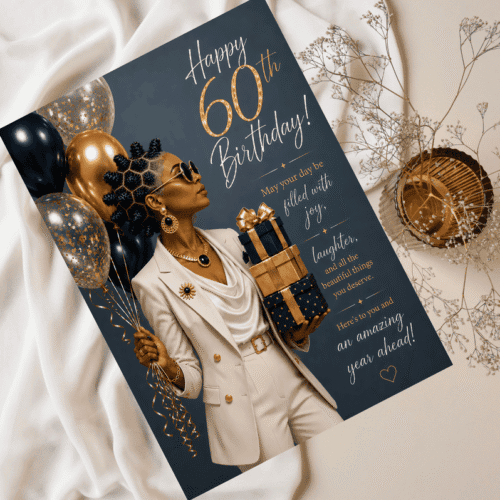 Luxury Milestone 60th Birthday Card for Her| Elegant Black Woman