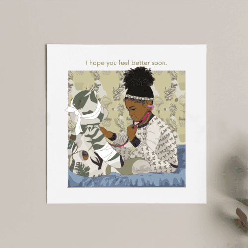 Get Well card featuring young Black girl caring for her teddy.