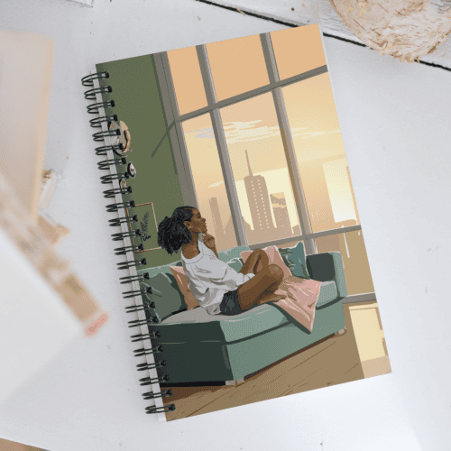 Black woman sitting on a sofa looking out at a city skyline notebook cover.