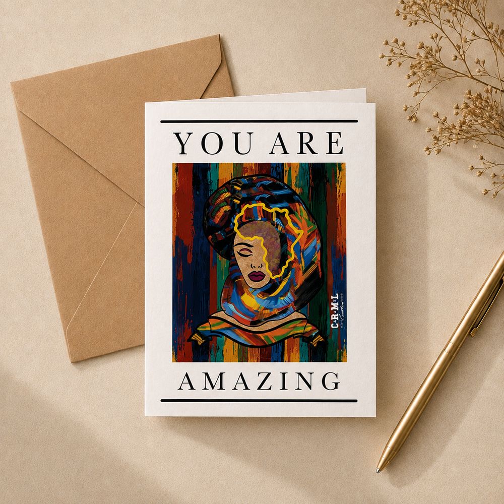 Front of the ‘You Are Amazing’ affirmation card standing upright — woman in a multicoloured headwrap with a gold Africa outline