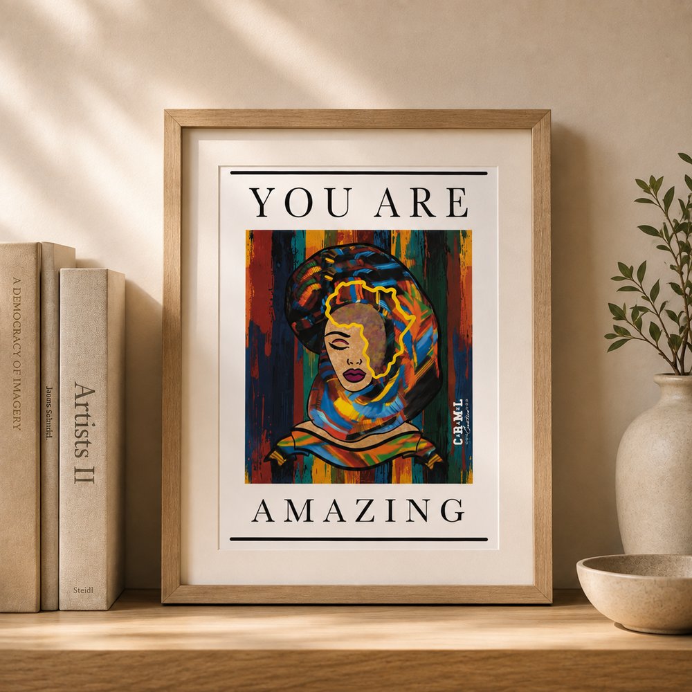 ‘You Are Amazing’ affirmation art print in a wooden frame on a shelf
