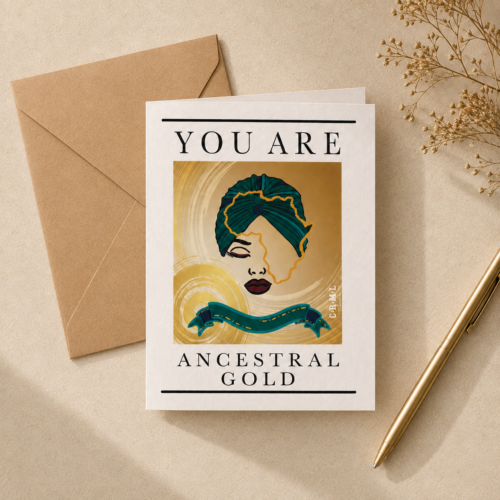 ‘You Are Ancestral Gold’ affirmation card with kraft envelope, flat-lay