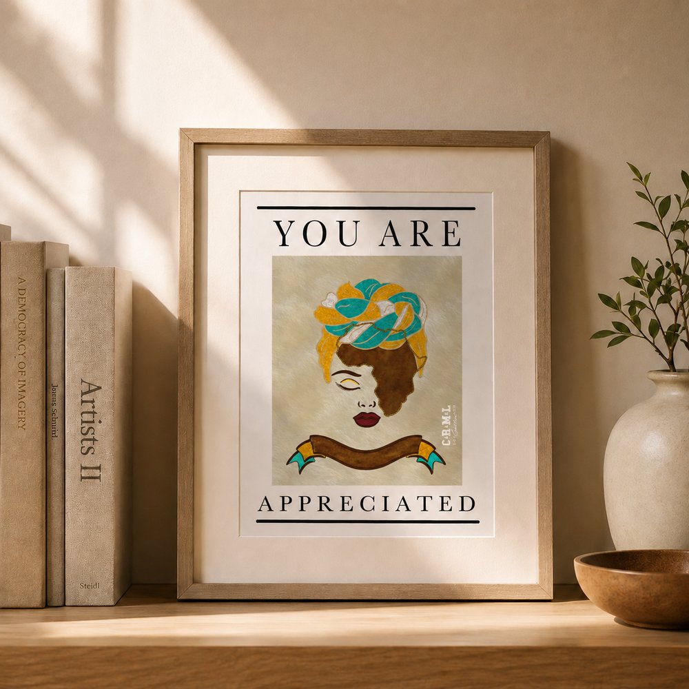 ‘You Are Appreciated’ affirmation art print in a wooden frame on a shelf