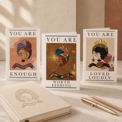 ‘Self-Worth’ BRB three-card affirmation set, flat-lay of the cards together