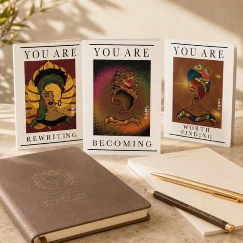 ‘BeComing’ BRB three-card affirmation set, flat-lay of the cards together