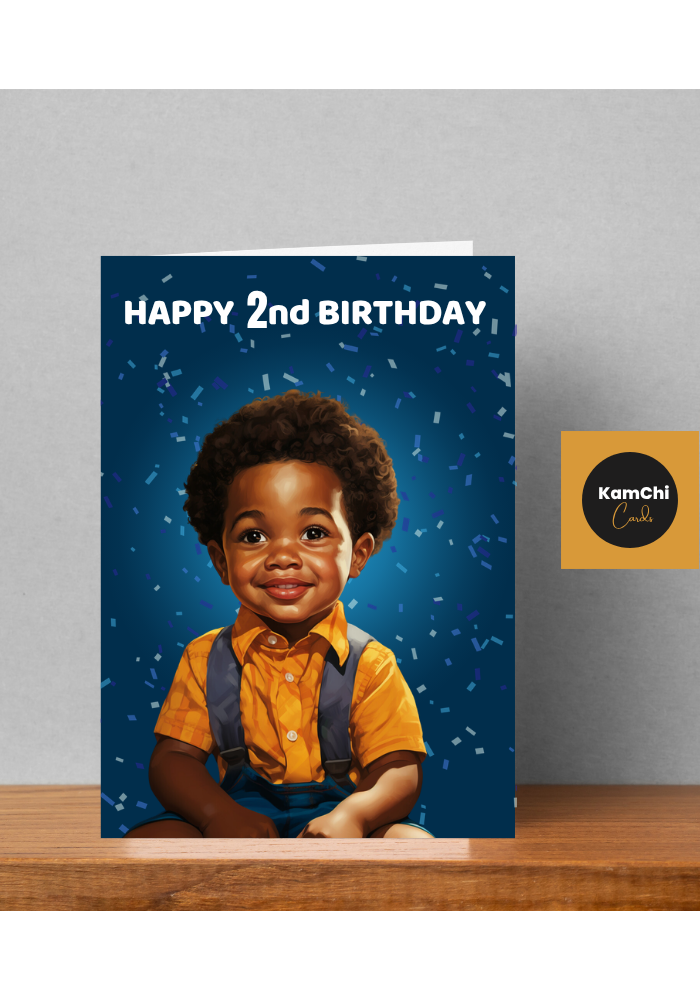 A joyful birthday card featuring a smiling Black toddler in a bright orange shirt, surrounded by celebratory blue confetti. Toddler 1st, 2nd or 3rd Birthday Greeting Card