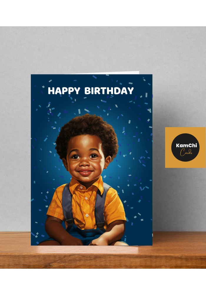 A joyful birthday card featuring a smiling Black toddler in a bright orange shirt, surrounded by celebratory blue confetti. Toddler 1st, 2nd or 3rd Birthday Greeting Card