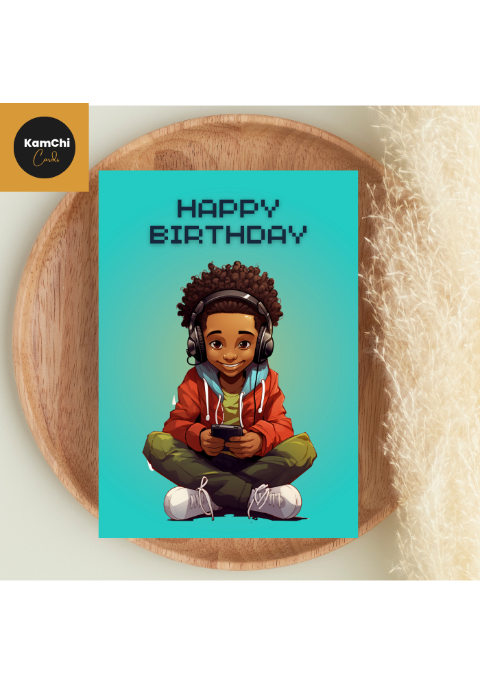 A fun gaming birthday card featuring a smiling Black boy wearing headphones and holding a controller. Ideal for young gamers.