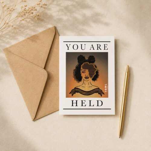 ‘You Are Held’ affirmation card with kraft envelope, flat-lay