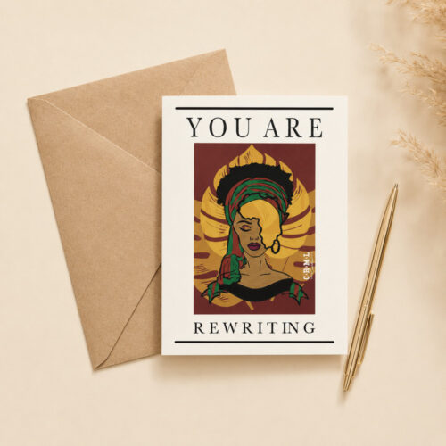 ‘You Are Rewriting’ affirmation card with kraft envelope, flat-lay