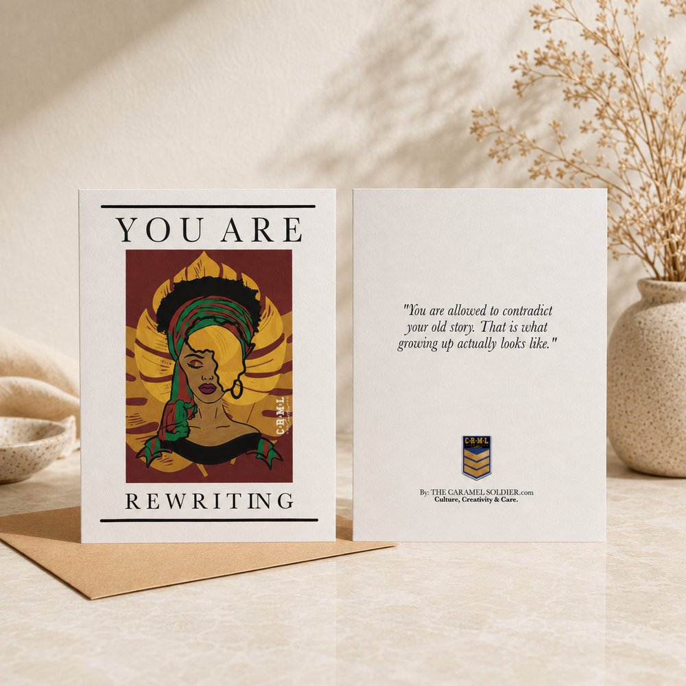 Front and back of the ‘You Are Rewriting’ affirmation card, showing the reverse message and the CRML crest