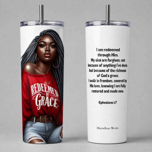 20oz Skinny Tumbler, Christian Tumbler - Redeemed By Grace