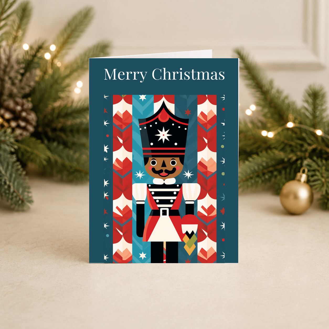 Modern Christmas card featuring a geometric nutcracker with colourful striped details.