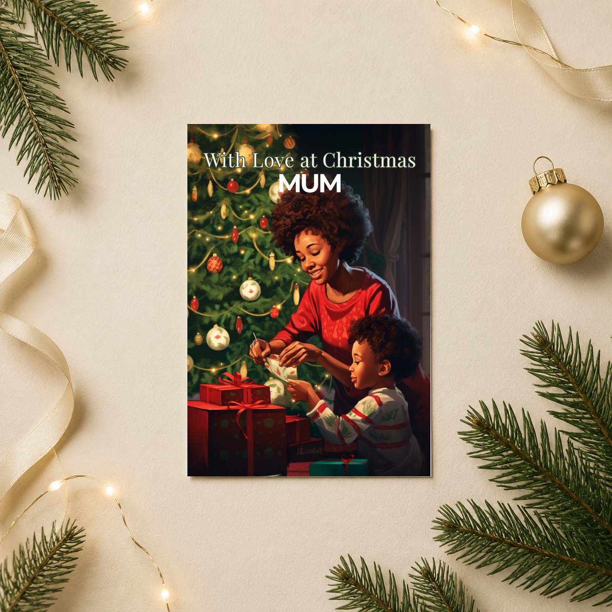Mum Christmas Card | Black Mother and Child by Tree | Heartfelt Festive Design - Image 2