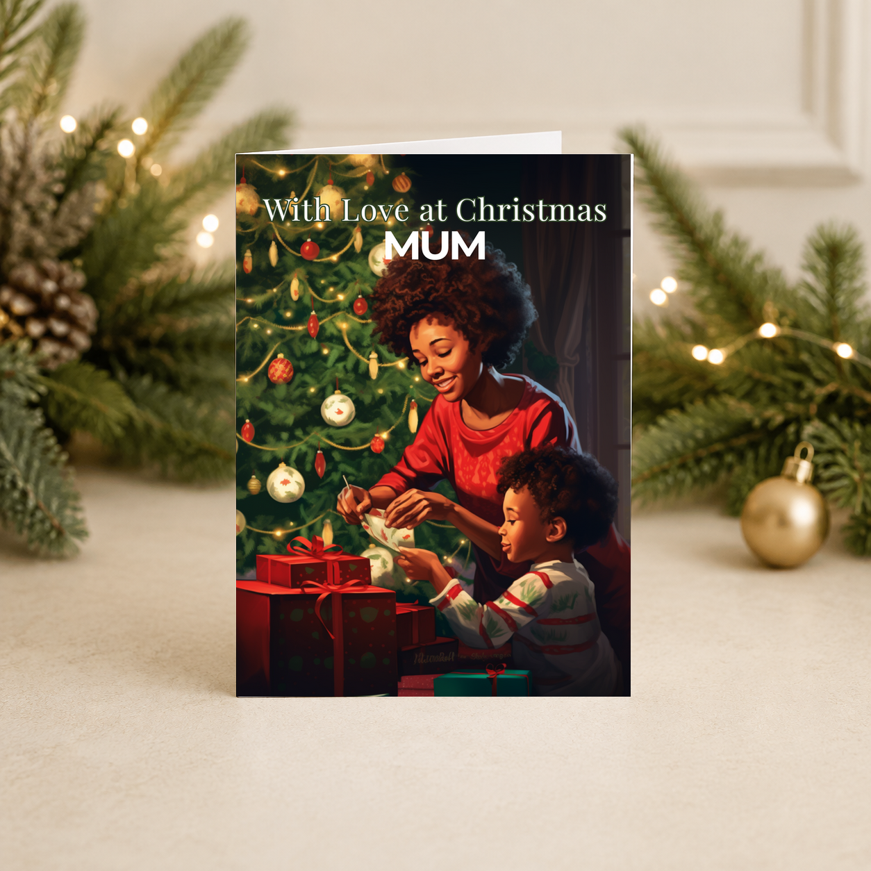 Mum Christmas card featuring a loving Black mother and child beside a decorated Christmas tree.
