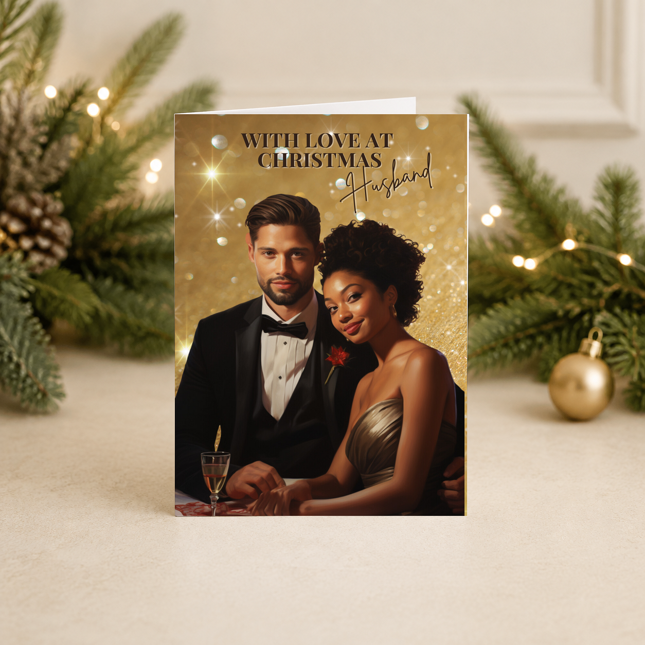 Luxury Christmas card featuring an elegant Black couple in gold, available for Husband, Wife, Partner, Fiancé or Fiancée.