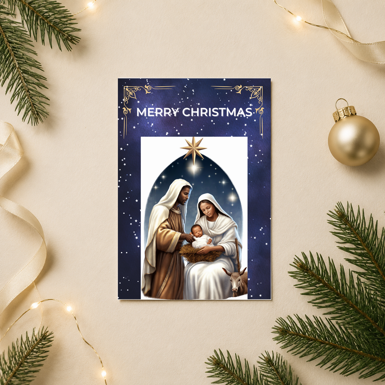 Black Nativity Christmas Card | Holy Family | Navy and Gold Religious Design - Image 2