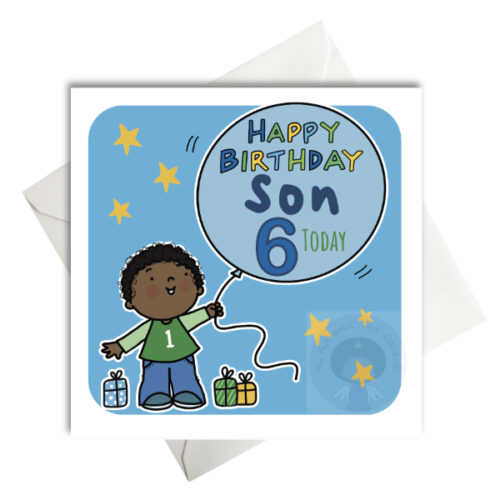 black brown boy with big balloon age birthday card