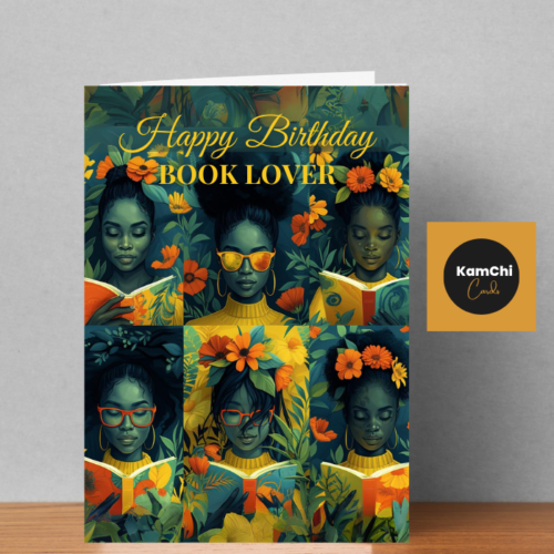 Black Woman Book Lover Birthday Card | Teal Floral Reading Collage