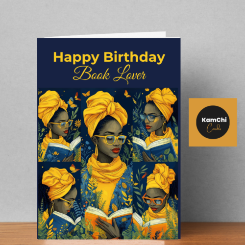 Black Woman Book Lover Birthday Card | Navy and Gold Reading Collage