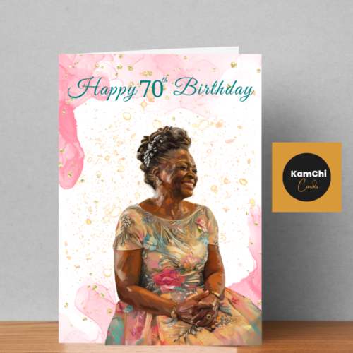 Milestone birthday card showing an elegant older Black woman in a floral dress, available for ages 70 and 80.