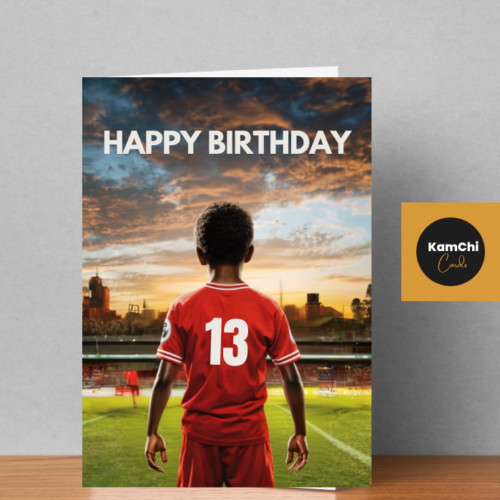 Black Boy Football Birthday Card | Red Shirt With White Number for 5th, 6th, 7th, 8th, 9th, 10th, 11th, 12th, 13th Birthday