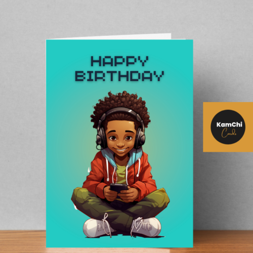 Black Boy Gamer Birthday Card | Headphones and Controller