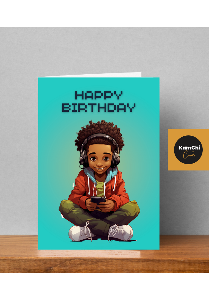 Black Boy Gamer Birthday Card | Headphones and Controller