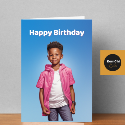 Stylish Black Boy Birthday Card | Pink Jacket Design | Younger Boy greeting Card