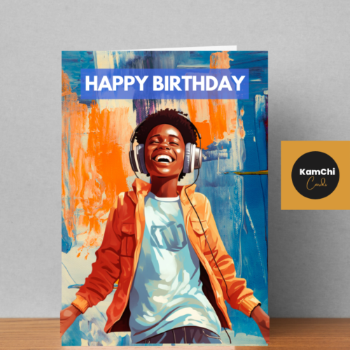 Black Boy Music Birthday Card | Headphones Colourful Design