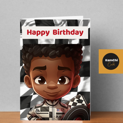 Black Boy Racing Birthday Card | Chequered Flag Design | Birthday Card for 5th, 6th, 7th, 8th, 9th, 10th Birthday Boy