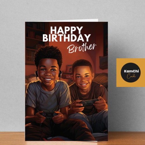 Brother Gaming Birthday Card | Two Black Boys with Controllers | Happy Birthday Brother Cousin