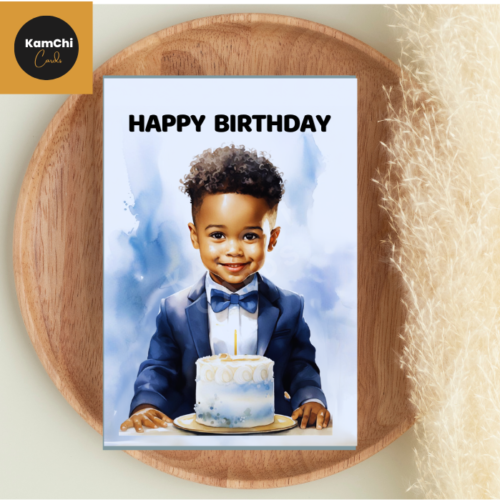 Young Black Boy Birthday Card for Son, Grandson, Godson or Nephew | Smart Suit and Cake Design