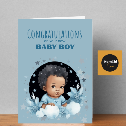 New Baby Boy Card | Black Baby with Blue Stars and Flowers | Congratulations on your New Baby Boy