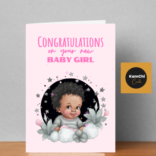 New Baby Girl Card | Black Baby with Pink Stars and Flowers | Congratulations New Baby Girl